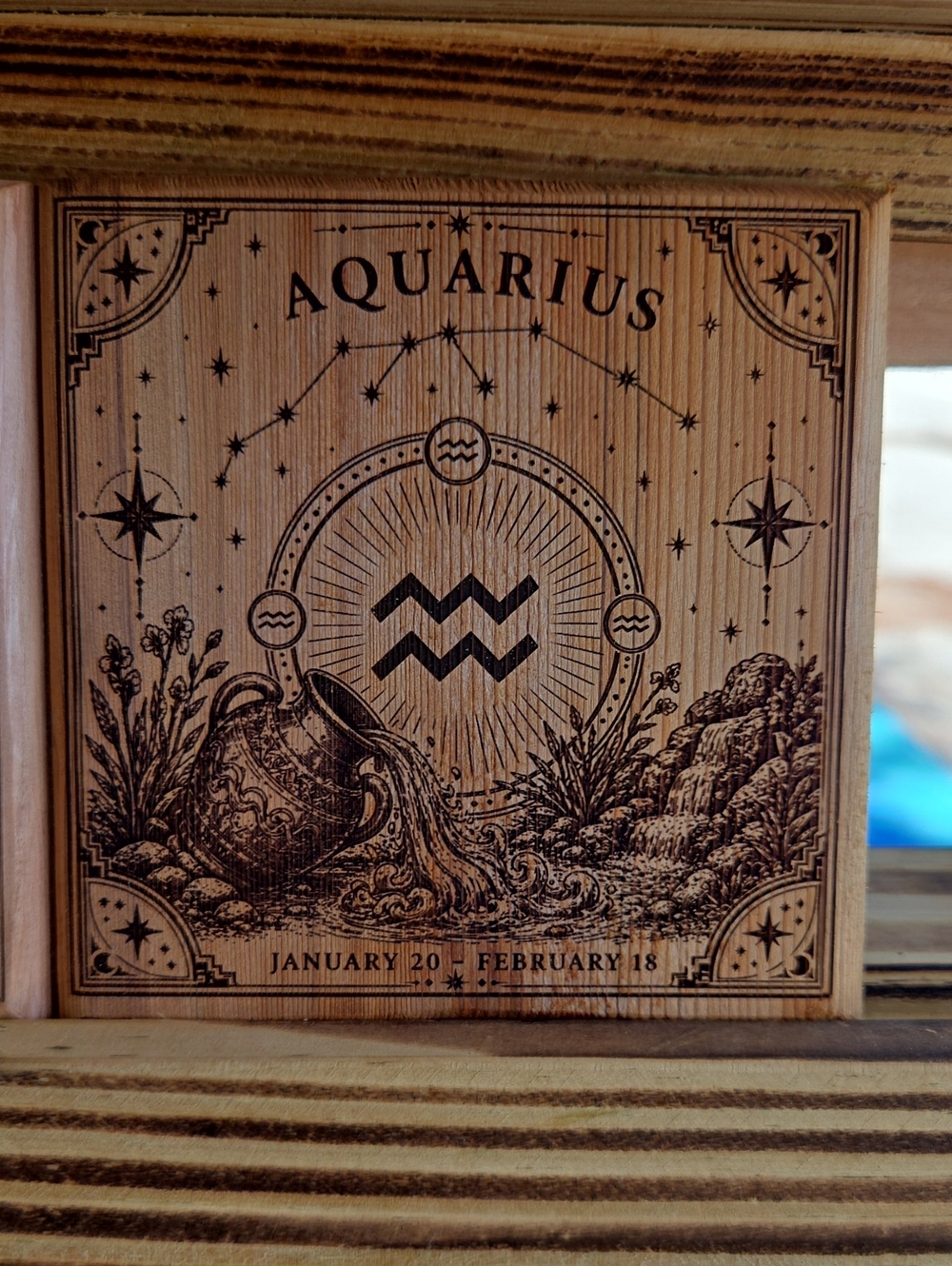 Aquarius Zodiac Wooden Plaque Coaster - Natural Wood